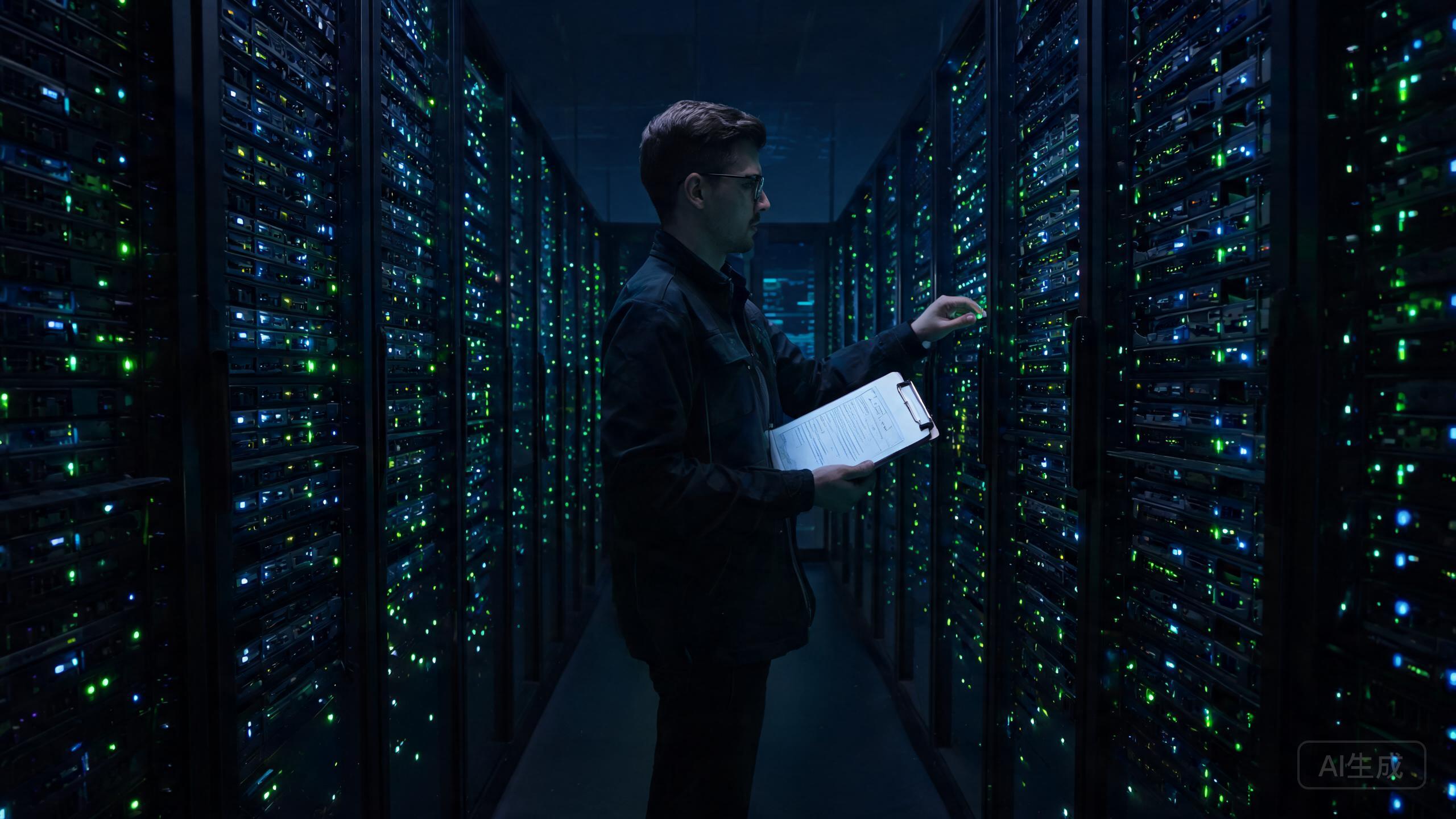运维人员在机房内对照巡检表检查服务器指示灯状态